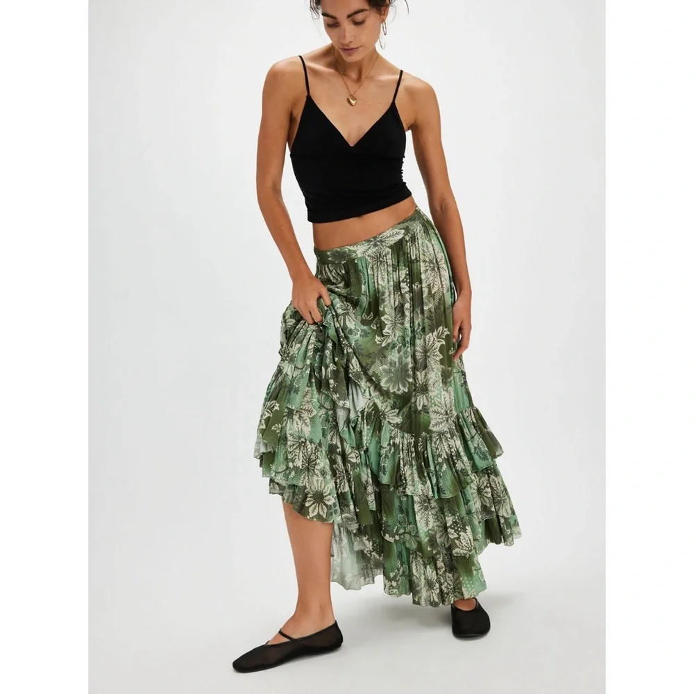 FREE PEOPLE MARIETTA MAXI SKIRT IN GREEN COMBO NEW